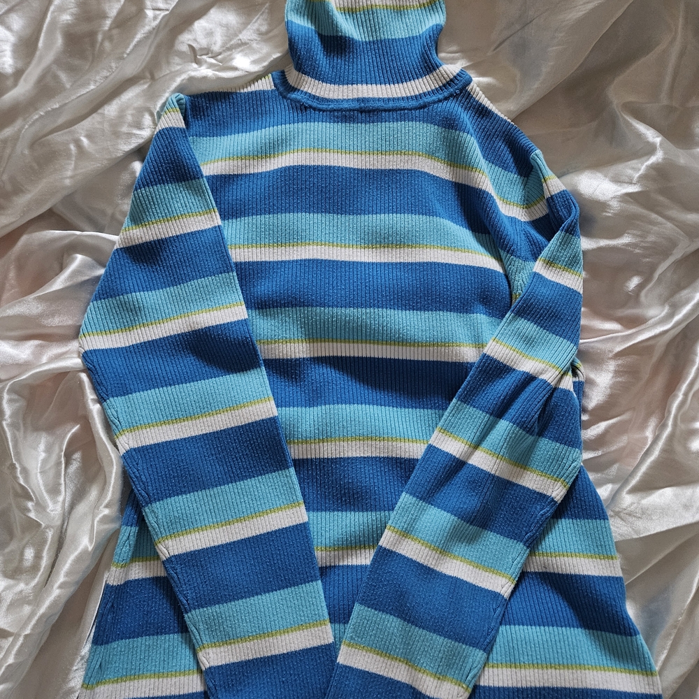 Striped Blue and Green Turtleneck Sweater